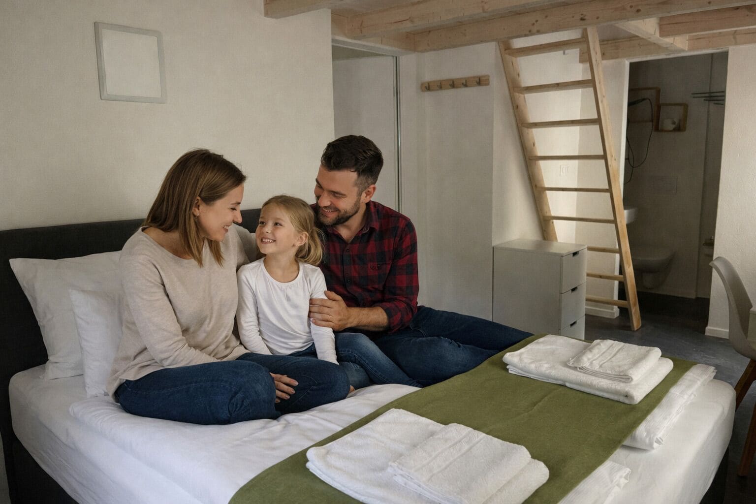 Eine dreiköpfige Familie auf einem Bett mit einer grünen Decke und weißen Handtüchern, einer Holzleiter und einer weißen Wand mit einem kleinen Bilderrahmen.