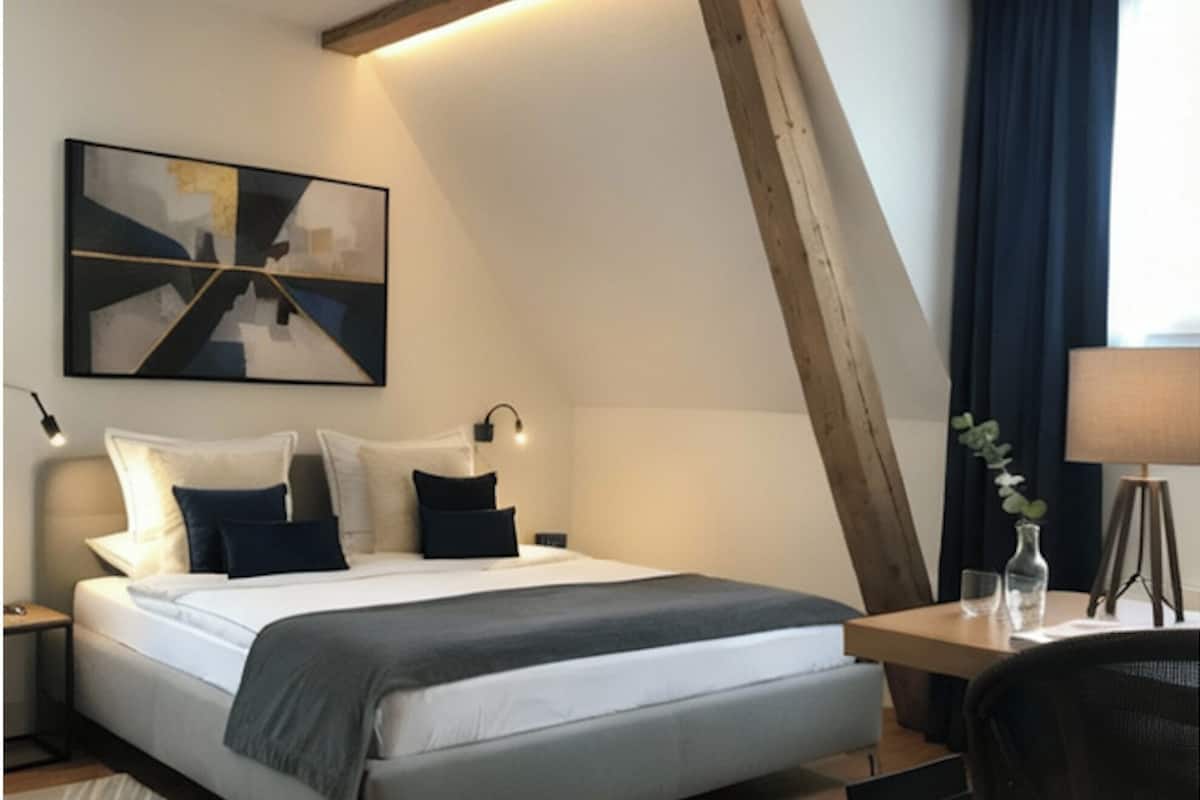 A modern bedroom with a bed, bedside tables, a desk, and a chair.