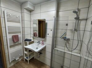 Shower, hair dryer, towels, toilet paper