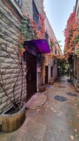 A narrow alley with stone walls, a wooden door, and a purple awning. There are potted plants and a few scattered leaves on the ground.