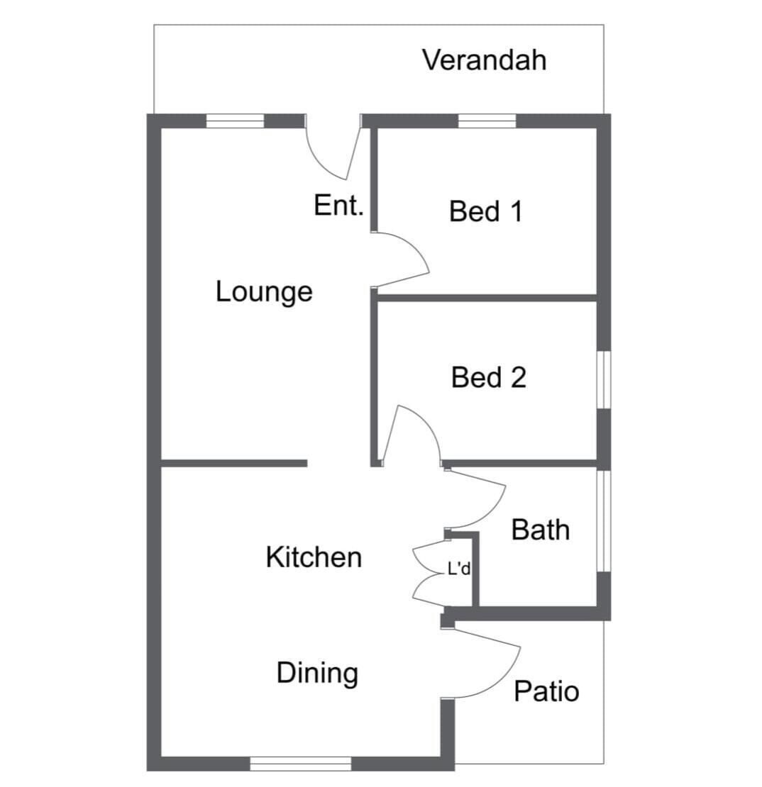 A floor plan with a lounge, two bedrooms, a kitchen, dining area, bathroom, and patio.