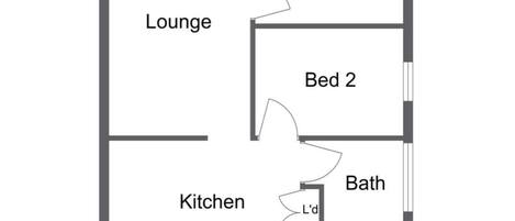 A floor plan with a lounge, two bedrooms, a kitchen, dining area, bathroom, and patio.