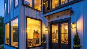 Une maison moderne à deux étages, dotée de grandes fenêtres, d’un hall d’entrée bien éclairé et de plantes en pot.