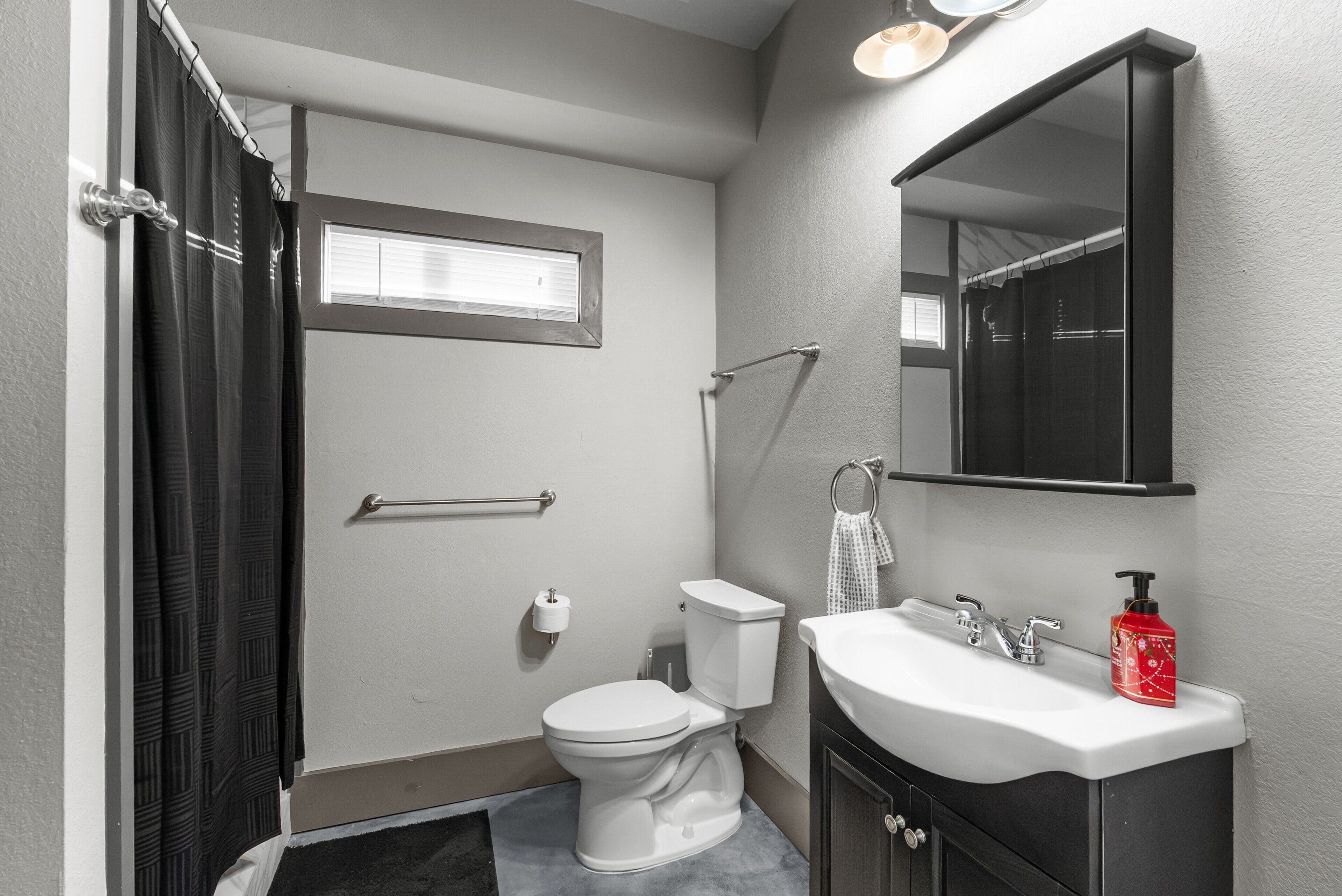 Hair dryer, towels, soap, toilet paper