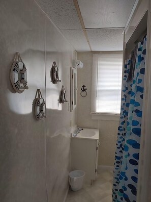 A bathroom with a sink, mirror, and shower curtain. - Dockside Lake Resort (Monticello)