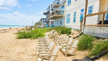 On the beach, sun loungers
