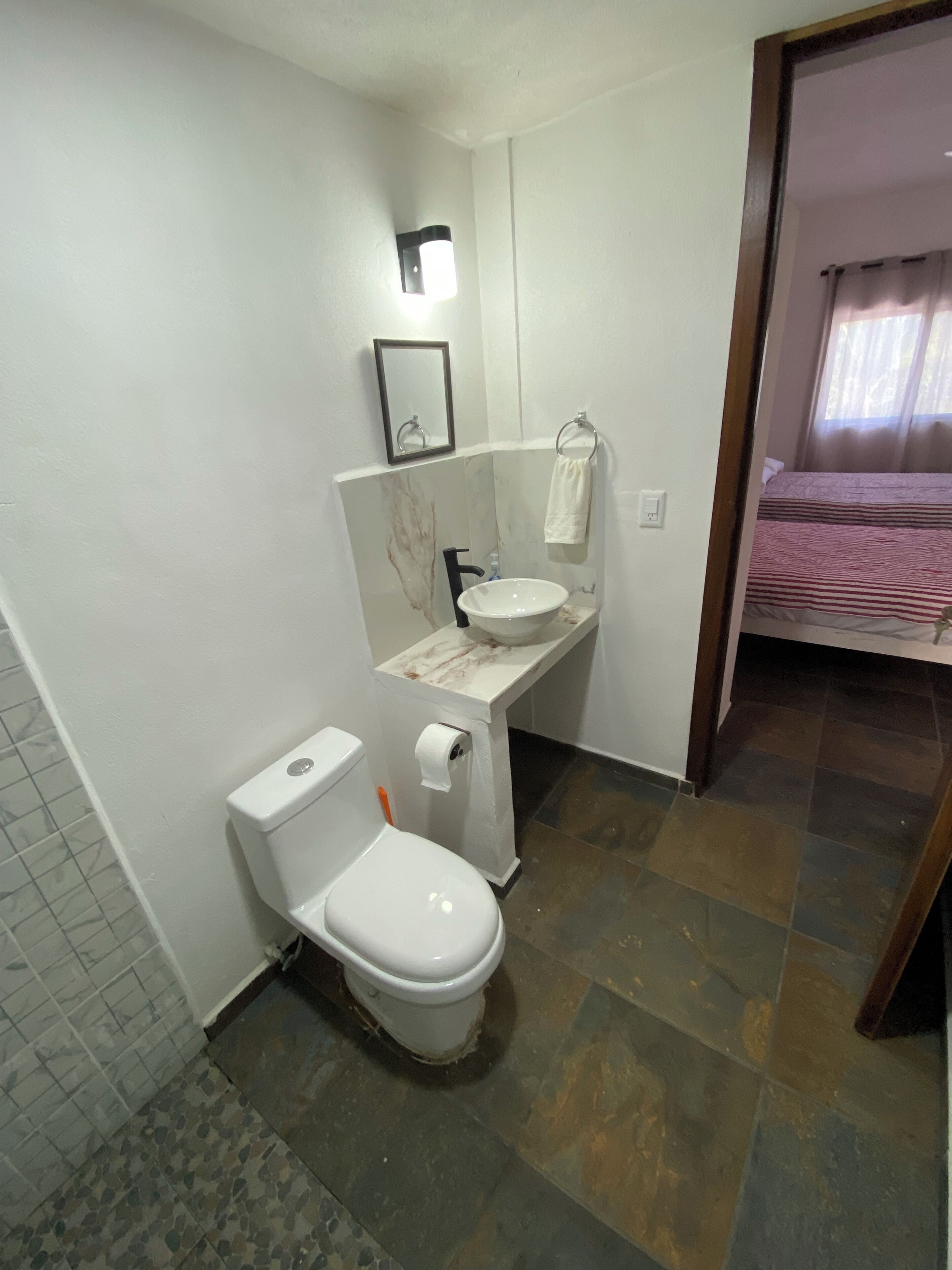 Shower, towels, soap, toilet paper