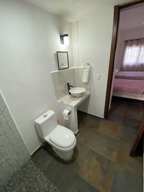 Shower, towels, soap, toilet paper