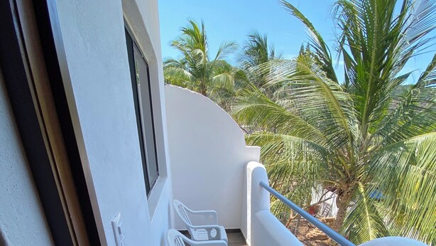 A balcony with a white railing, a small white chair, and a potted plant.