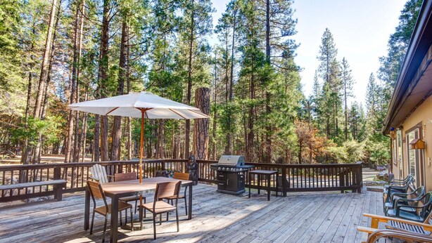 Une terrasse en bois, meublée pour l’extérieur, avec un barbecue et une vue sur de grands pins.