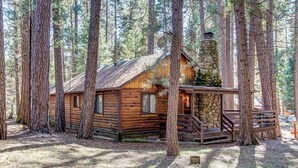 A rustic cabin surrounded by tall pine trees, featuring a stone chimney, wooden deck, and a small porch. - Mia Mora (Yosemite National Park)