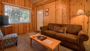 Una habitación acogedora con paredes de madera, un sofá de cuero marrón con un cojín que dice 'Welcome to Cabin', una mesa de centro de madera con un libro y un control remoto, un sillón estampado y un televisor sobre un mueble de madera.