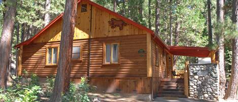 Une cabane en rondins avec une entrée en pierre, entourée d’arbres.