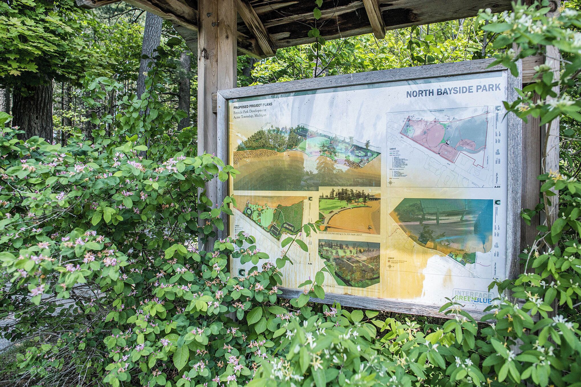 A park informational sign surrounded by greenery.