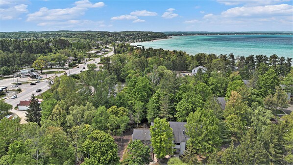 A residential area with houses surrounded by dense forest, a road with vehicles, and a coastline with clear turquoise waters.