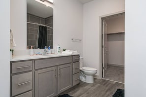 A modern bathroom with a grey vanity, white sink, and a toilet. There is a mirror above the vanity and a shower area visible in the background. - Luxurious One Bedroom Whitestown (Whitestown)