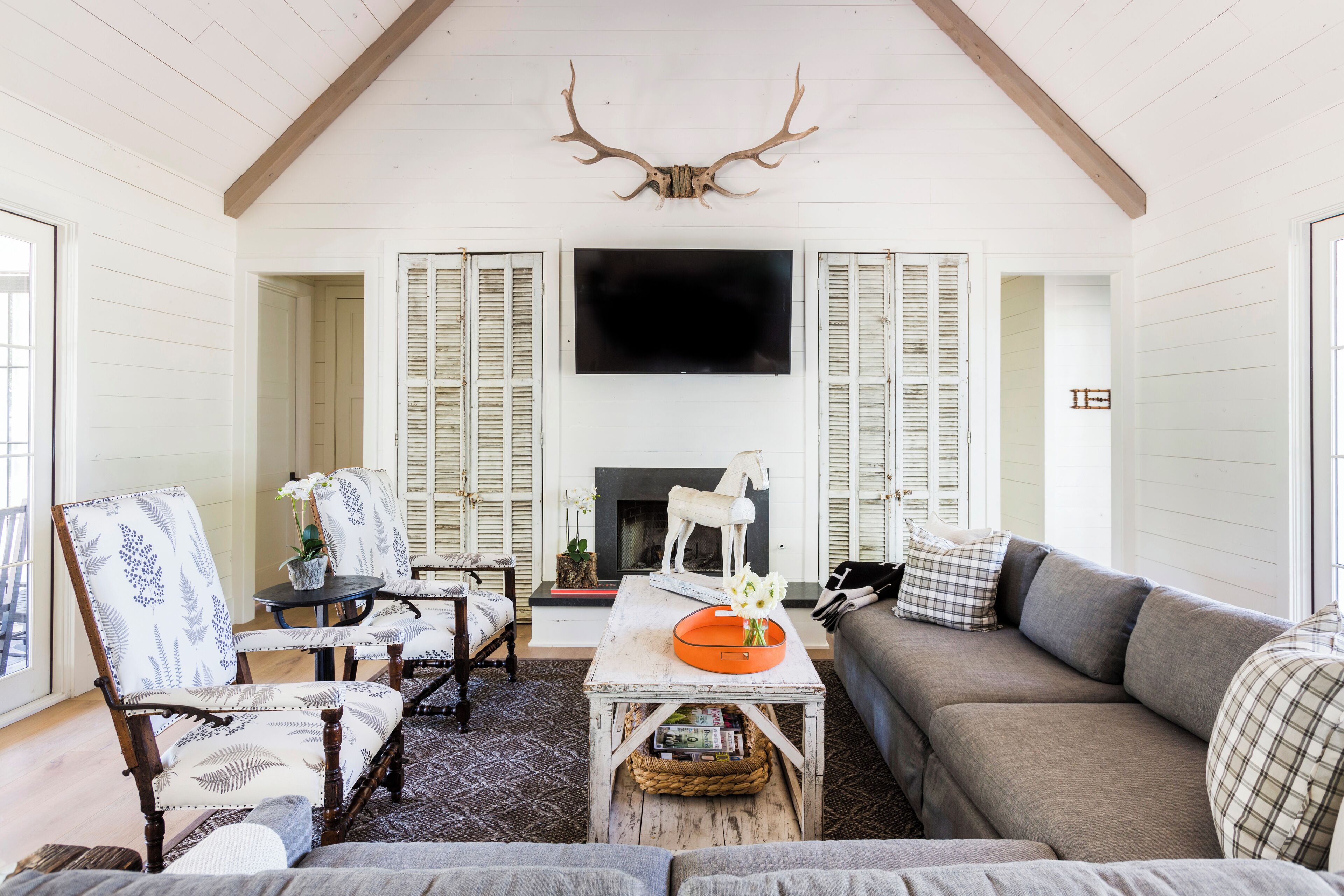 Smart TV, fireplace, books, music library