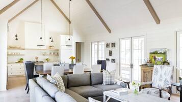 Smart TV, fireplace, books, music library