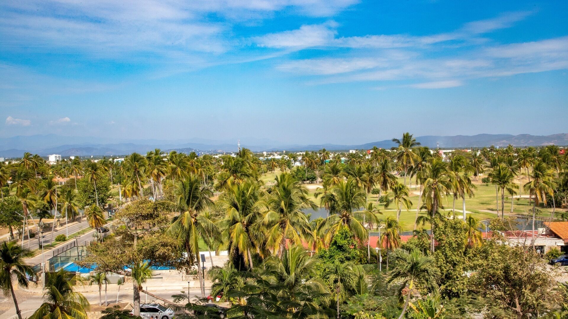 A tropical landscape with palm trees, a golf course, and a distant mountain range.