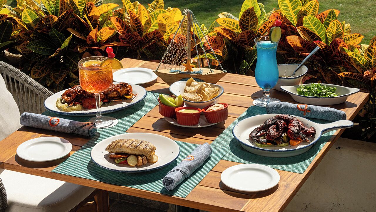 Une table en bois, dressée avec divers plats et boissons, entourée d’un feuillage luxuriant.