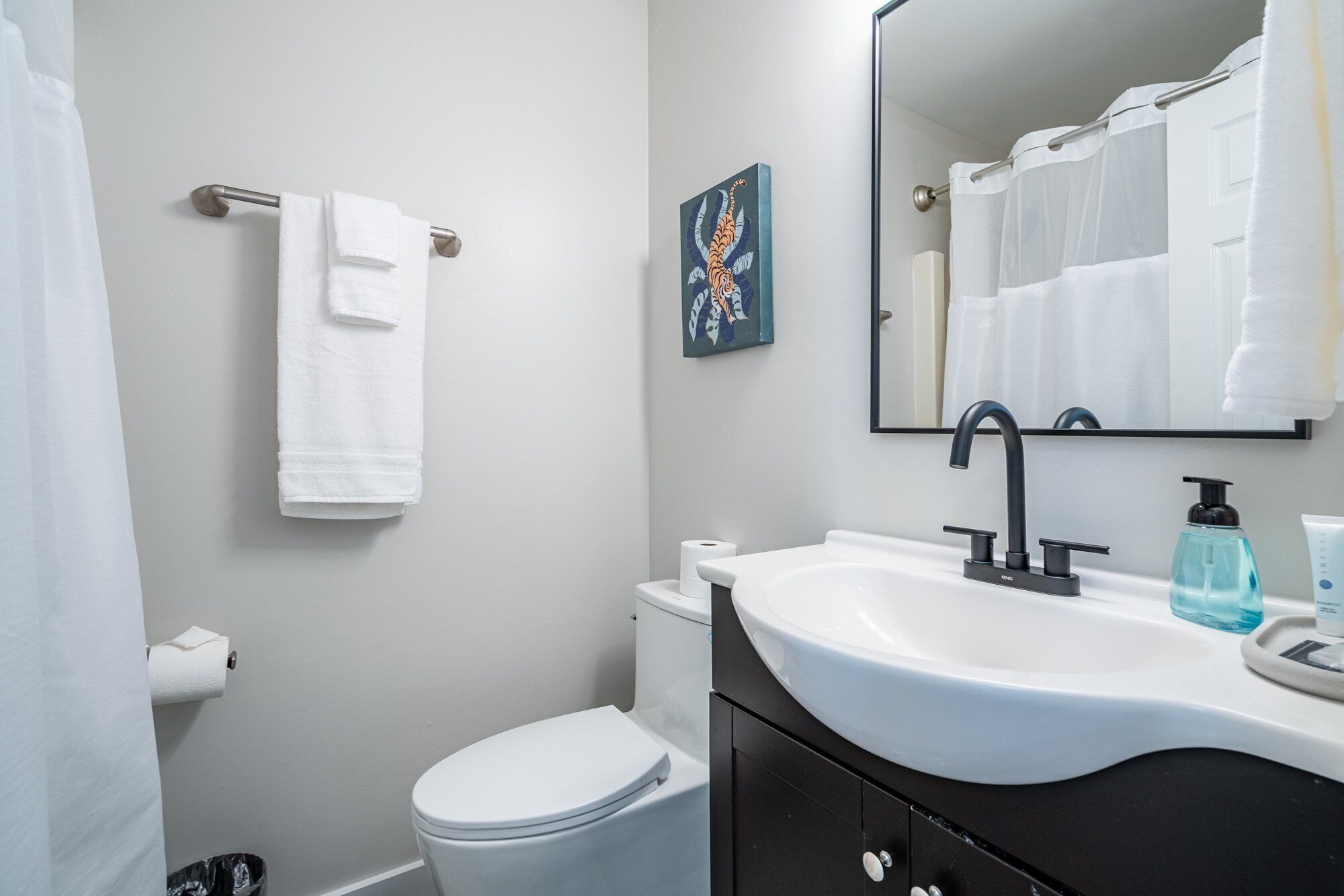 Ein Badezimmer mit einem weißen Waschbecken, einem schwarzen Wasserhahn und einem Spiegel darüber. Eine Toilette und eine Toilettenpapierrolle sind an der Wand angebracht.