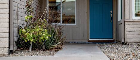 A house with a blue door, a concrete pathway, and a small garden with plants.