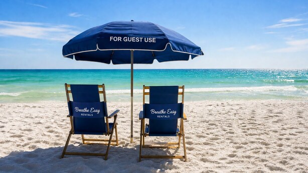 Dos sillas de playa con el logotipo de 'Breathe Easy Rentals' y una sombrilla azul con la etiqueta 'SOLO PARA HUESPEDES' en una playa arenosa con una vista despejada del océano.