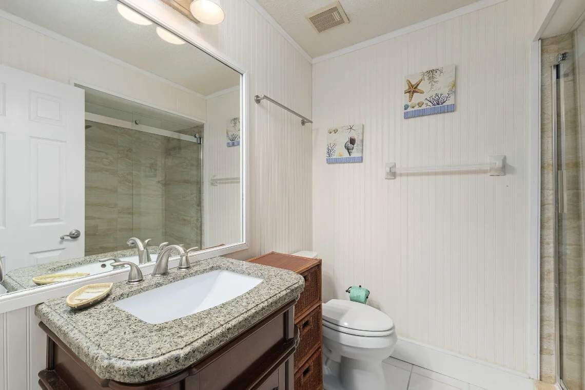 A bathroom with a granite sink, a white toilet, and a shower with a glass door.