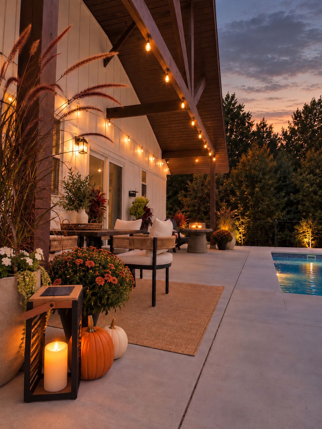 A patio area with a pool, outdoor seating, and string lights.