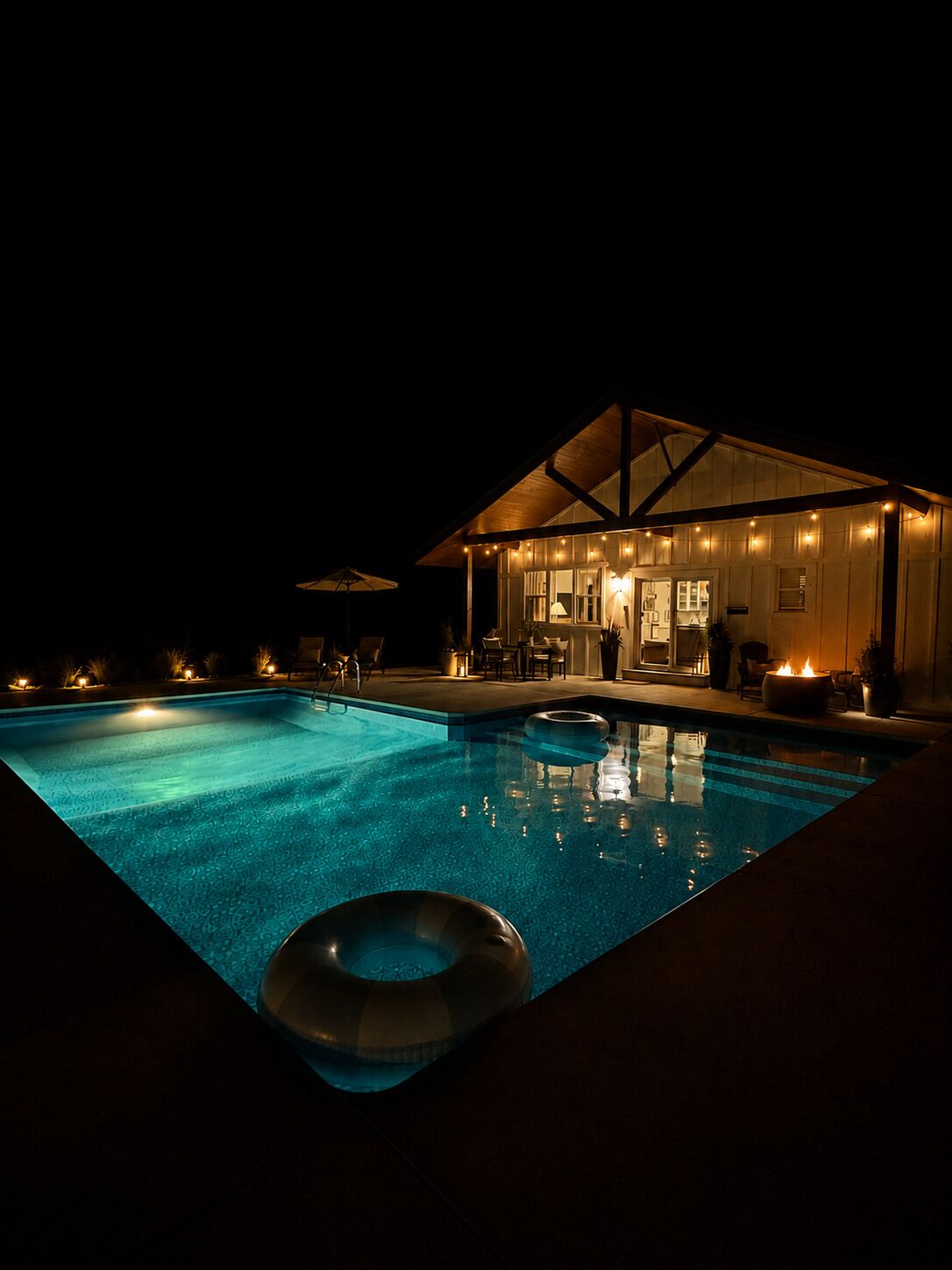 A swimming pool with a lounge area and a building with a covered patio.