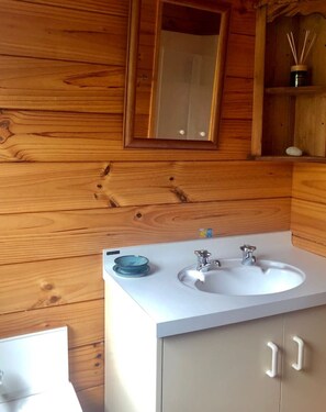 Ein Badezimmer im Holzblockhaus-Stil mit einem weißen Waschbecken, einem Spiegel darüber und einer kleinen Ablage mit einem Behälter.