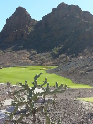 Paisagem desértica com um campo de golfe verde, terreno rochoso e um cacto em destaque ao primeiro plano.