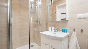 Shower, hair dryer, towels