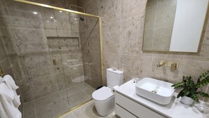 A modern bathroom with a glass-enclosed shower, a white toilet, a sink with a large basin, and a mirror above the sink.
