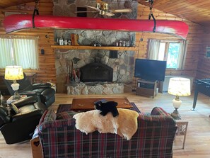 Smart TV, fireplace, DVD player, foosball