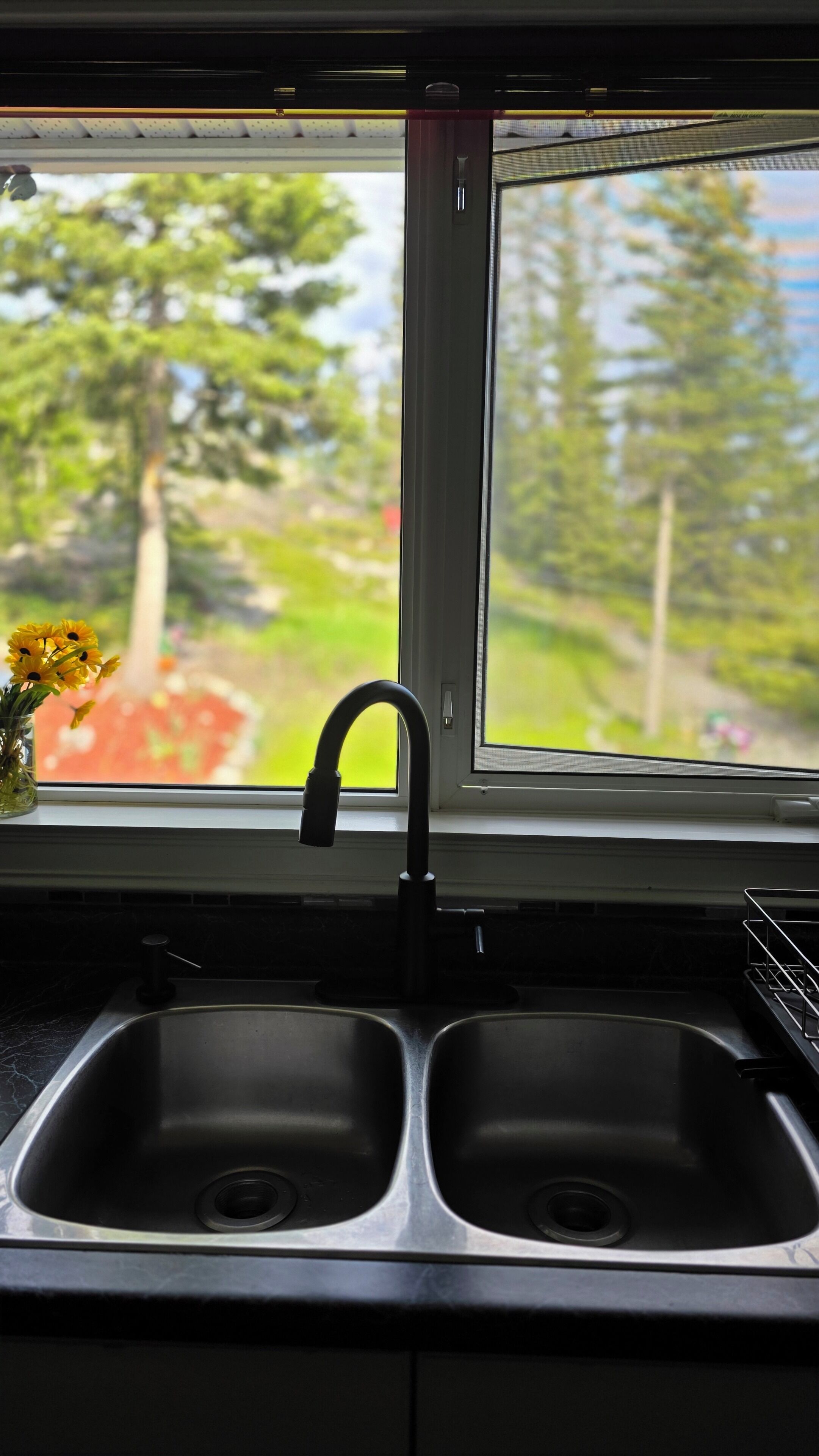 A kitchen with a double sink and a window overlooking a garden.