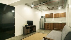 Un espacio habitable compacto con kitchenette, televisor de pantalla plana, sofá y un armario de color oscuro.