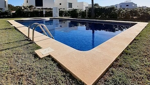 Ein Swimmingpool mit klarem, blauem Wasser, umgeben von einer gepflegten Rasenfläche und Palmen.