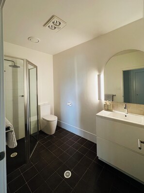 Suihku, hiustenkuivaaja, pyyhkeet, vessapaperi