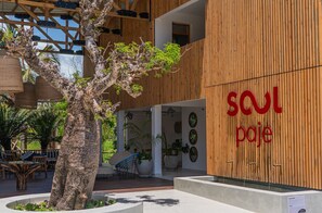 Un edificio moderno con fachada de madera y un gran árbol en el centro.