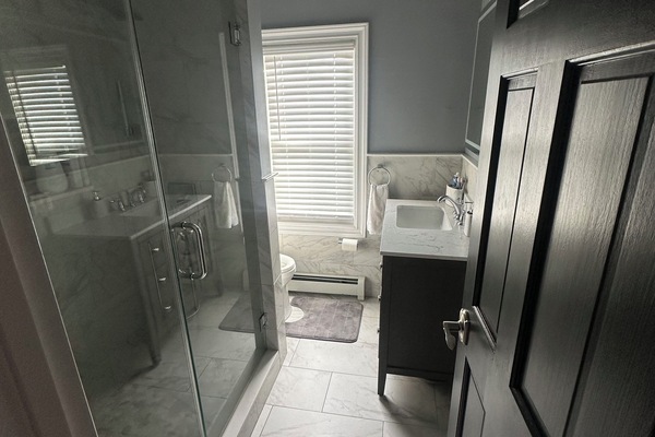 Hair dryer, towels, soap, shampoo