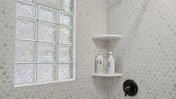 Hair dryer, towels, soap, toilet paper