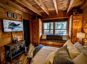 Smart TV, fireplace, books, stereo - Secluded 2-Acre Romantic Cabin •Hot Tub •Creek •Fire Pit •Ellijay/Blue Ridge (Ellijay)