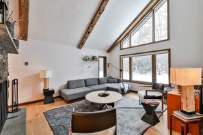 Smart TV, chimenea, reproductor de DVD y libros 