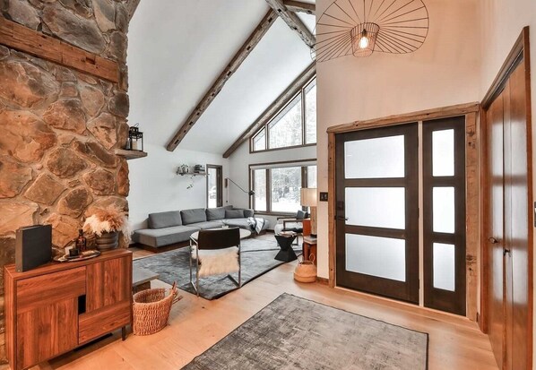 Smart TV, fireplace, DVD player, books