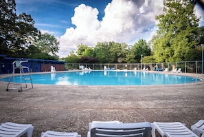 A swimming pool with lounge chairs, a ladder, and a covered area with chairs.