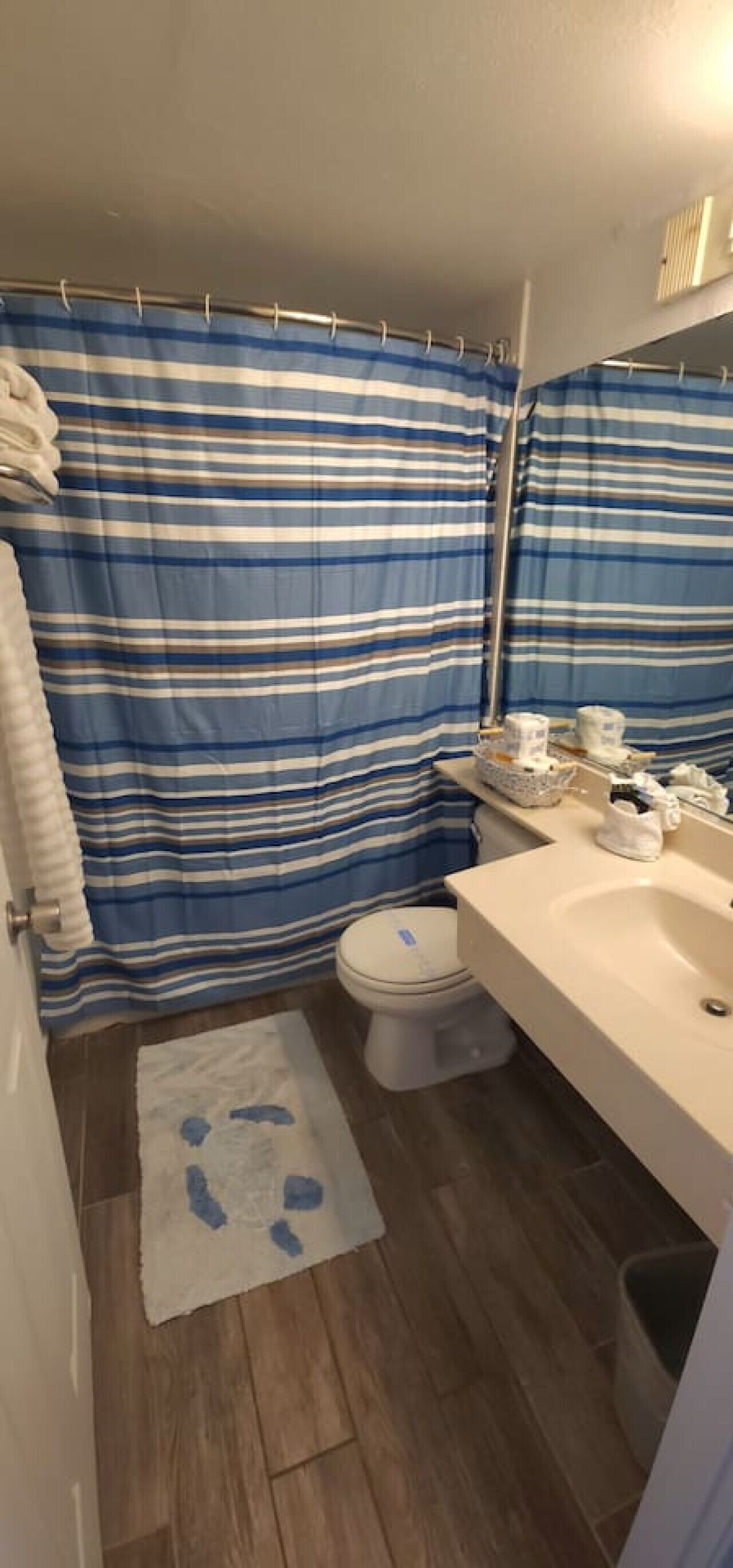 A bathroom with a striped shower curtain, a white toilet, a sink with toiletries, and a rug on the floor.