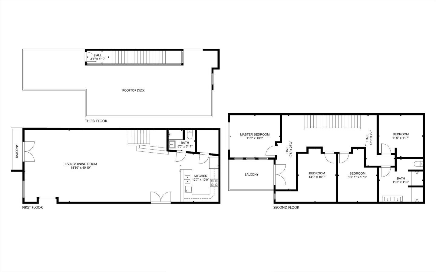 A floor plan of a house with a rooftop deck, living/dining room, kitchen, master bedroom, and two bedrooms.