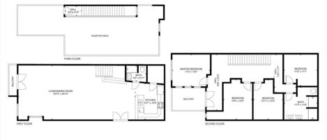 A floor plan of a house with a rooftop deck, living/dining room, kitchen, master bedroom, and two bedrooms.