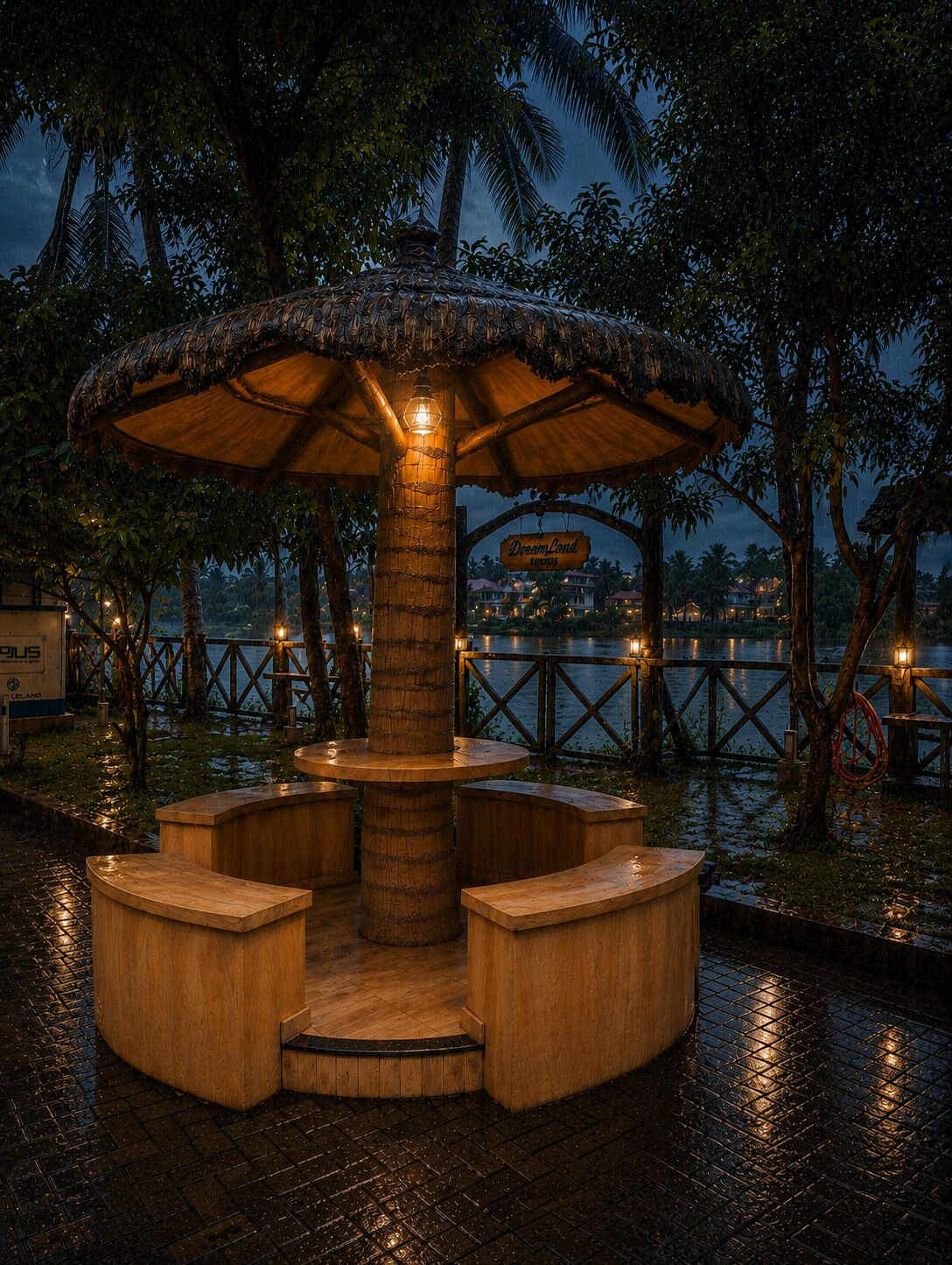 A wooden gazebo with a thatched roof, surrounded by palm trees and a waterfront view.